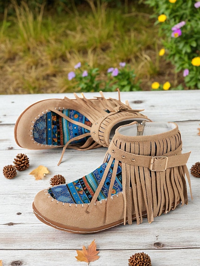 dames mocassinlaarzen met franjes en kleurrijke etnische print, casual enkellaarsjes voor herfstoutfits en festivals &dagelijks gebruik