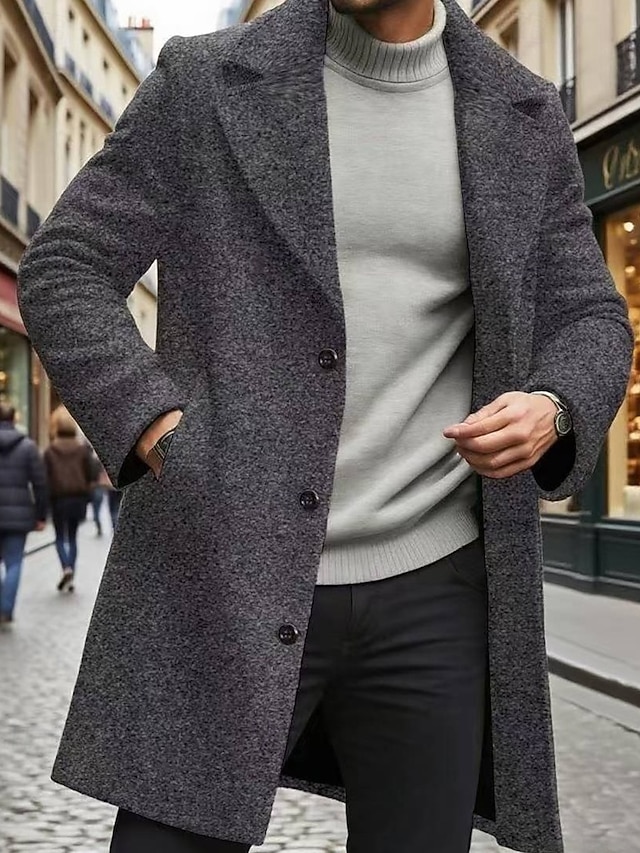  Pánské Kabát Trenčkot Dlouhý trenčkot Dovolená Denní Podzim Zima Polyester Větruvzdorné Zahřívací Svrchní oděvy Oblečení Módní Klasické Bez vzoru Kapsy Klopa Jednořadové sako s jedním knoflíkem