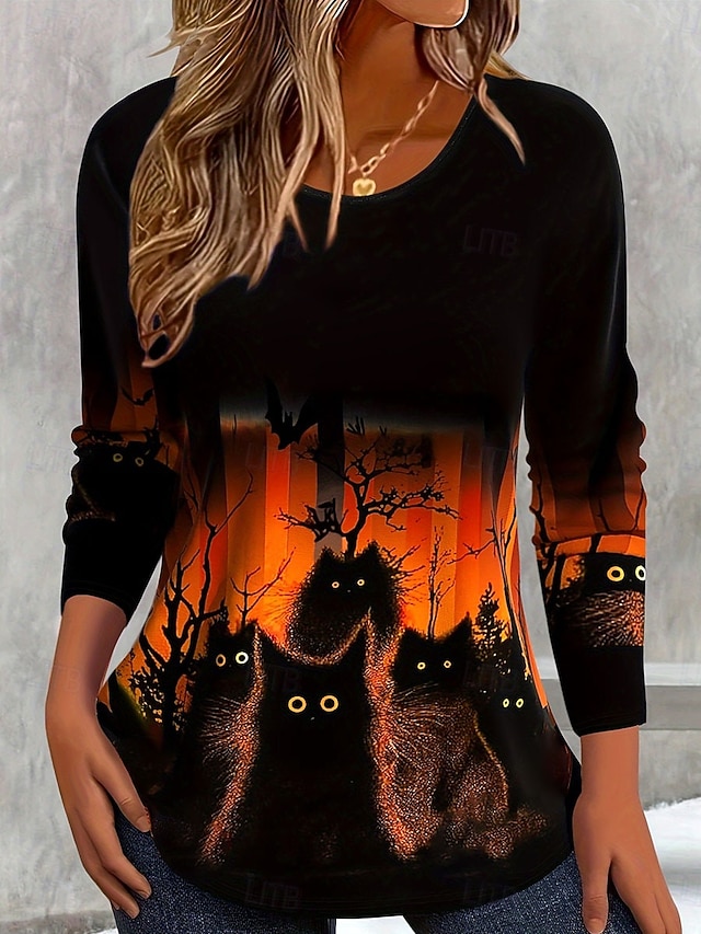  Women's T shirt Pumpkin Graphic Cat Vintage Stylish Classic Long Sleeve Crew Neck Regular Tops Daily Print Orange Spring Fall Winter