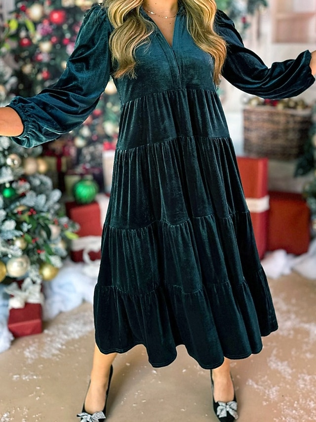  Femmes Robe Midi Robe en Velours Robe de Soirée Robe de Cocktail Élégant Mode Moderne Soirée Coupe régulière Uni manche longue Col de chemise Noir Jaune Vert foncé Bleu de minuit Automne Hiver