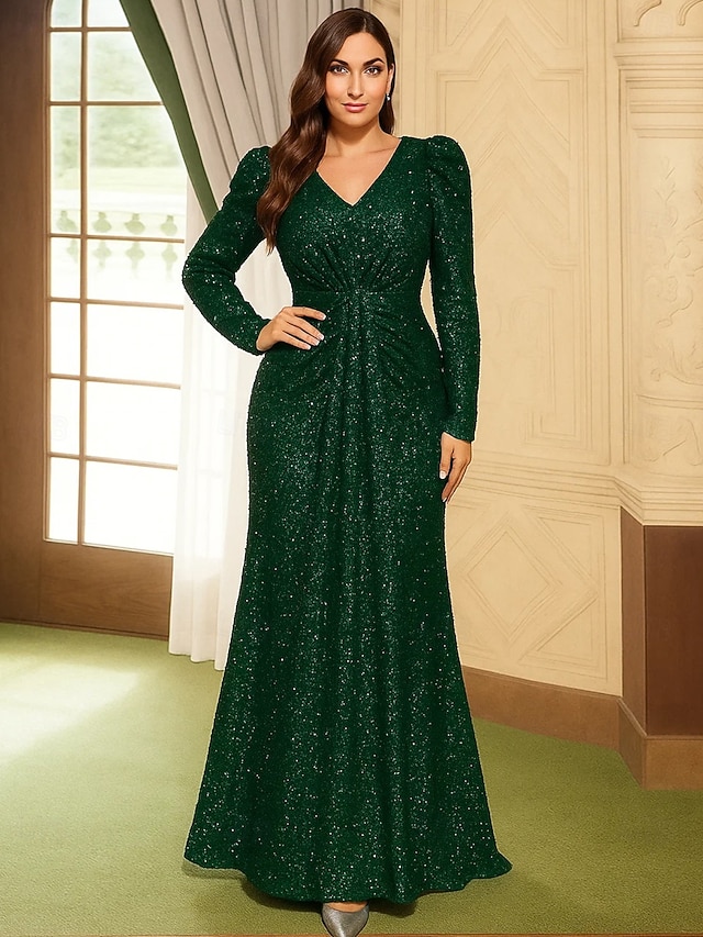 A-Linie Brautmutterkleid Elegant Vintage Übergröße V Ausschnitt Bodenlang Paillettenbesetzt Langarm mit Paillette
