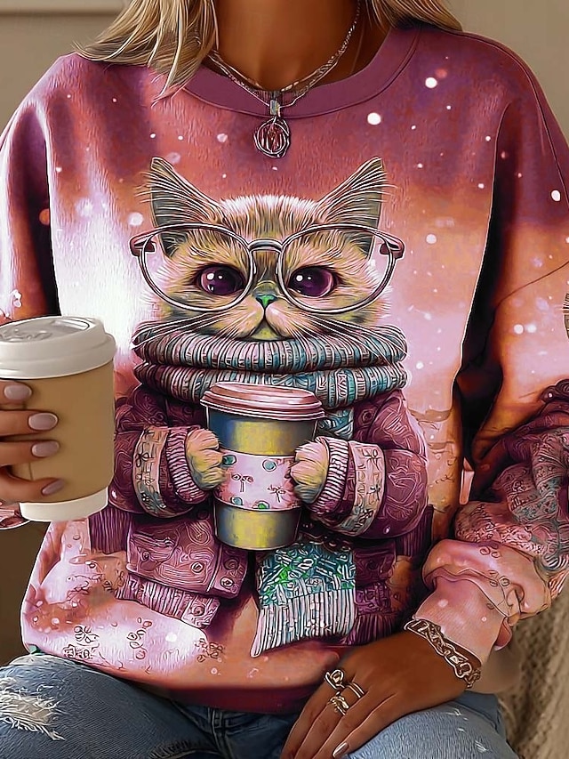  Dam Tröjor Grafisk Djur Katt Ledigt Långärmad Rund hals Vanliga toppar Gata Vardag Ledigt Mönster Rodnande Rosa Purpur Brun Grön Vår Höst Vinter