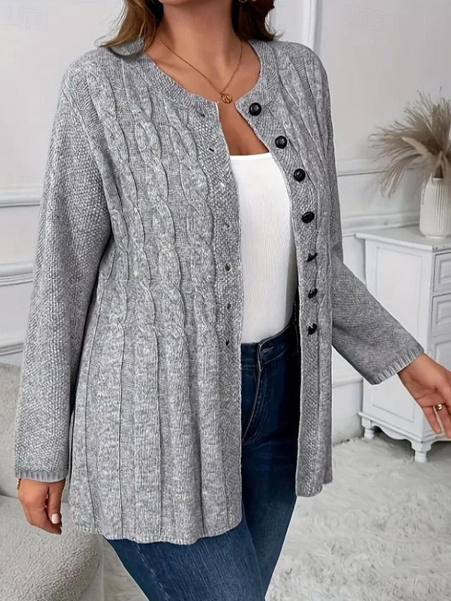  Жен. Вязаная ткань Кардиган Уличный стиль На каждый день Сплошной цвет Вырез под горло Пуговицы Трикотаж Длинный рукав Обычные топы Вязать Повседневные На выход выходные Серый Осень Зима