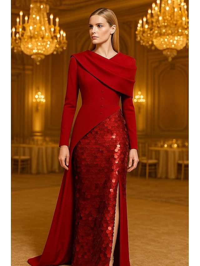  A-Linie Abendkleid Elegant Formelle Kleidung Formell Hochzeit Bodenlang Langarm V Ausschnitt Paillettenbesetzt mit Glitzer 2025