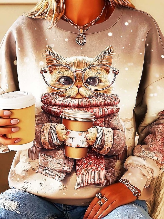  女性用 スウェットシャツ グラフィック 動物 猫 カジュアル 長袖 クルーネック レギュラートップス ストリート 日常着 カジュアル プリント ピンク パープル ブラウン グリーン 春 秋 冬