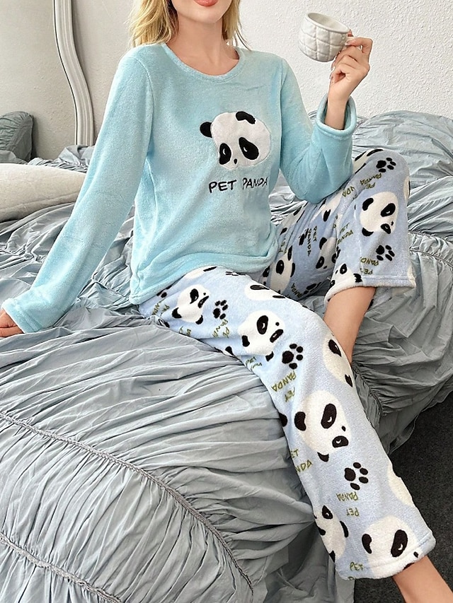  Women's Pajamas Loungewear Pajama Set Flannel Warm Fashion Panda Elastic Waist Pant Home Daily Long Sleeve Crew Neck White Pink Light Blue Fall Winter Loose Fit