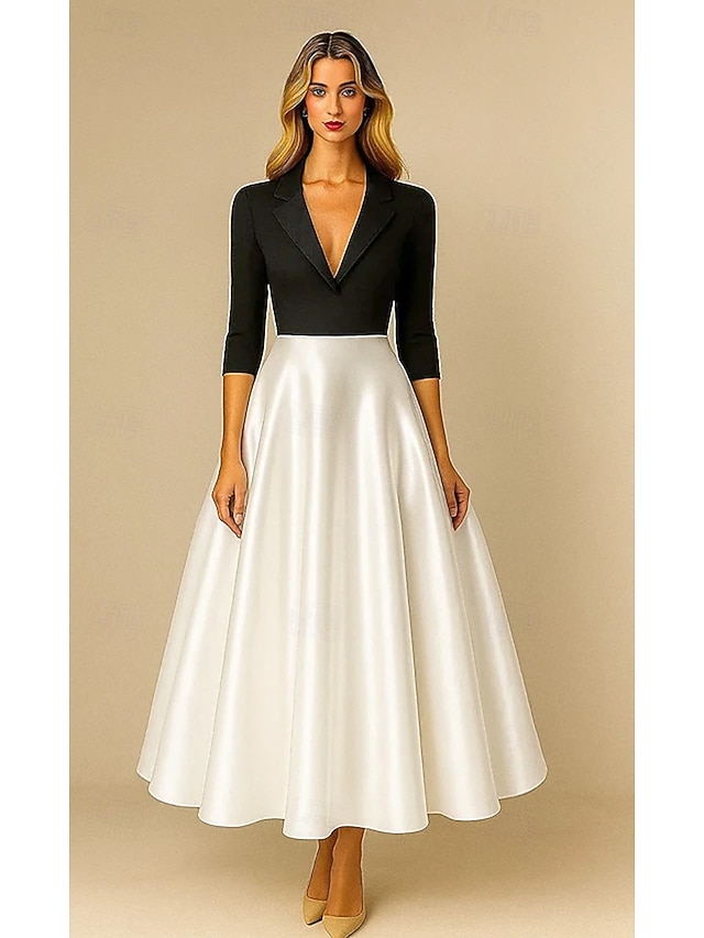  Abiti da cocktail A-Line in nero e bianco Abito formale elegante Abito da matrimonio formale lunghezza tea midi lunghezza manica 3/4 colletto a punta Top in crepe elasticizzato gonna in satin con