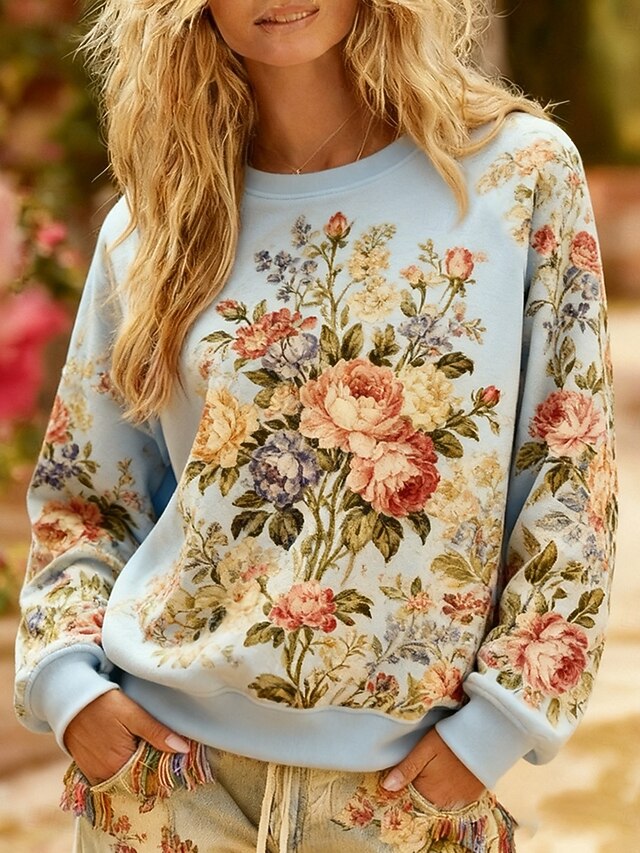 Women's Pullover Sweatshirts Floral Fashion Streetwear Classic Long Sleeve Crew Neck Round Neck Regular Tops Dailywear Casual Print Blue Spring Fall4