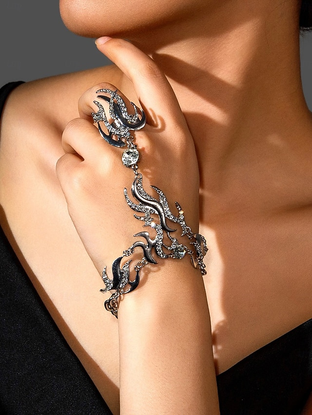  Conjunto de pulseira e anel de corrente de mão com strass dourados para mulheres, joias de luxo com design de chamas de cristal, perfeitas para festas e galas &eventos noturnos