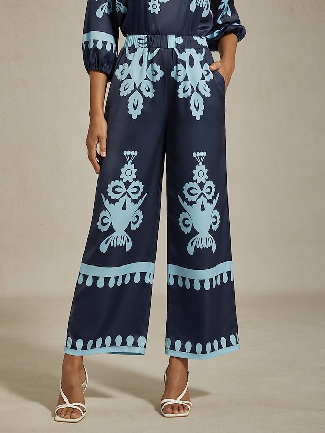  γυναικείο παντελόνι φαρδύ μεταξωτό σατέν λάστιχο με σούρες στη μέση ίσιο χαλαρό εθνοτικό γεωμετρικό σχέδιο με εκτύπωση casual διακοπές άνοιξη καλοκαίρι φθινόπωρο