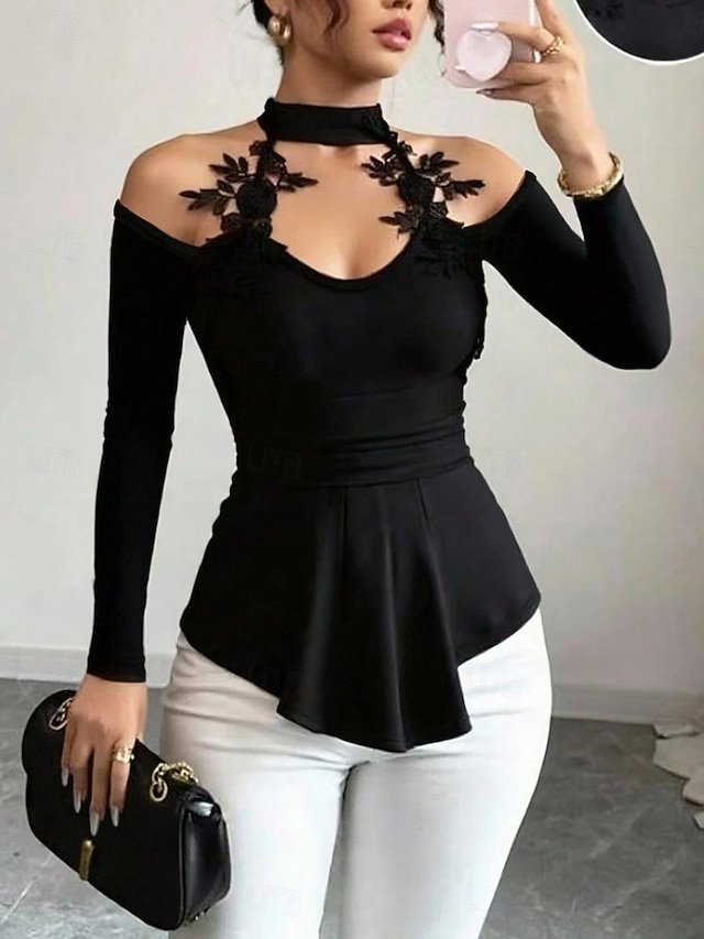  Női Blúz Tömör szín Stílusos Szexi Alkalmi Hosszú ujj Kötőfék nyaka Normál felsők Napi Csipke Kollázs Fekete Tavasz Ősz Tél