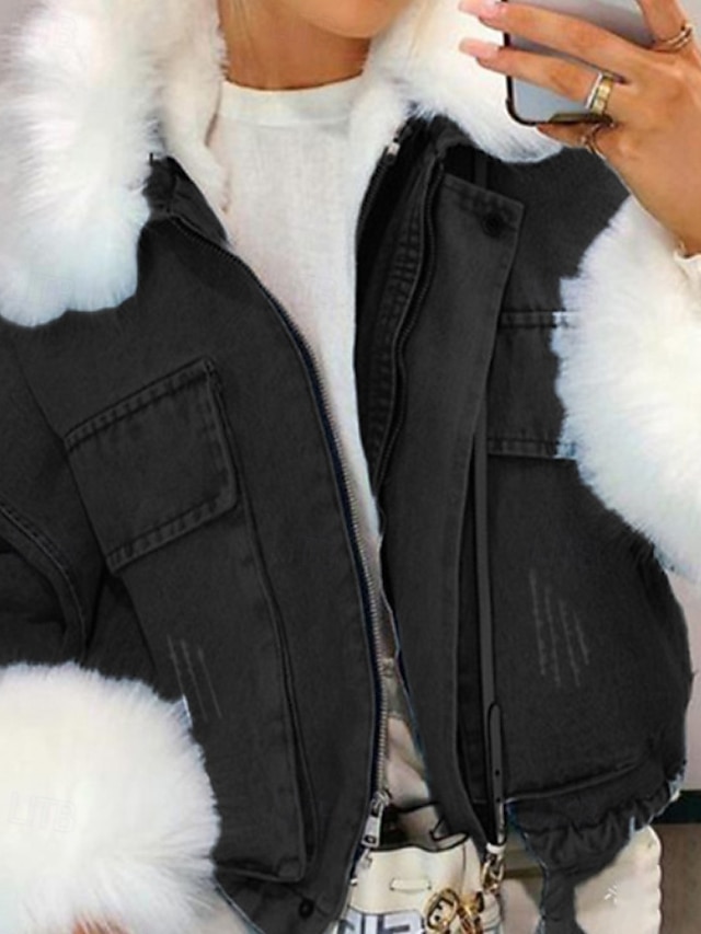 نسائي معطف شتوي جواكيت جينز الدفء مريح سحاب جيب Buttons طوق الفراء نشيط كاجوال سهل مناسب للبس اليومي مناسب للخارج عطلة نهاية الاسبوع قصيرة طوي فضفاض صالح كم طويل ملابس خارجية أسود أزرق الخريف الشتاء