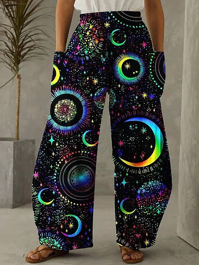 Women's Wide Leg Chinos Pants Trousers Vacation Vintage Ethnic Style Full Length High Waist Graphic Abstract Pocket Elastic Waistband Print Comfy Breathability Inelastic Vacation Casual Daily Black4