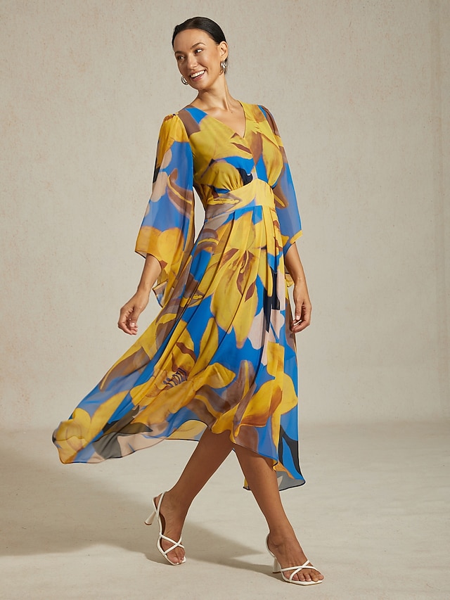 שמלת מקסי לנשים שיפון הדפס פרחוני מופשט שקוף זורם קז'ואל יעד חתונה אורחת חופשה טיולים נופש אביב קיץ סתיו