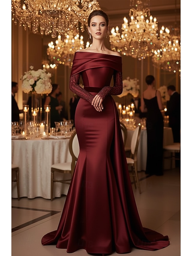  Havfrue Kveldskjoler Elegant Formell kjole Formell Bryllup Sweep / Børste train Ermeløs Løse skuldre Sateng med Plissert 2025