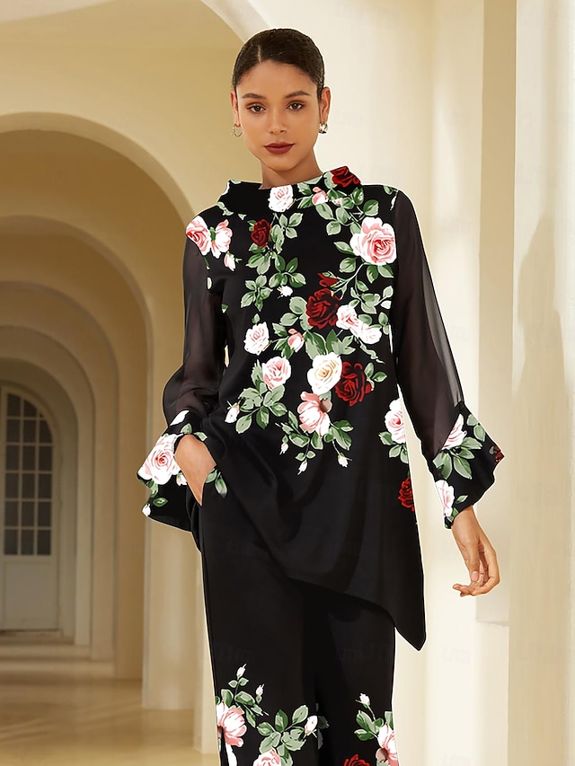  レディースブラウス ブラック 花柄 ストレッチ シフォンスリーブ バトーネック カジュアル 快適 春 夏 秋 バケーション