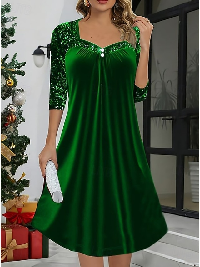  Navidad Mujer Vestido Midi Vestido de una línea Casual Vestidos semi formales Festivos Ajuste regular Plano Manga 3/4 Escote Cuadrado Vino Verde Trébol Invierno