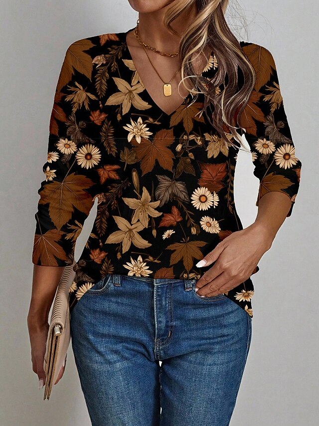 Women's T Shirt Floral Graphic Vintage Stylish Classic Long Sleeve V Neck Regular Tops Daily Print Brown Spring Fall4