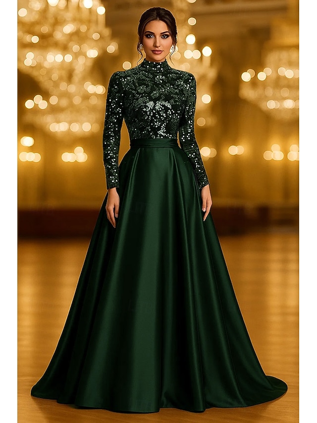  Linea ad A Lunghezza al pavimento Abito da Sera Da principessa Abito formale Elegante Vintage Scintillante Manica Lunga Collo Alto Formale Matrimonio Tasca Raso Velluto con Glitter 2025