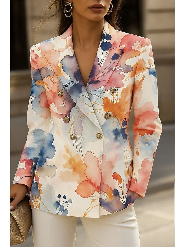 Women's Blazer Warm Comfortable Buttons Vintage Fashion Classic Modern Floral Vacation Home Casual Daily Double Breasted Regular Notch Lapel Regular Fit Long Sleeve Outerwear Pink Blue Spring Fall3