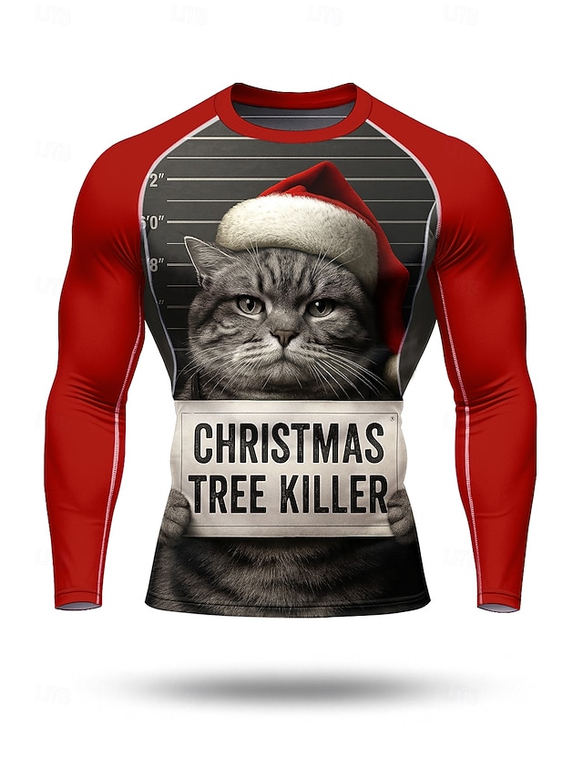  Noël Homme Unisexe T-shirt de compression T-shirt de course manche longue T-shirt Chat Séchage Rapide Compression Power Flex Évacuation de l'Humidité Entraînement en salle Entraînement actif Exercice