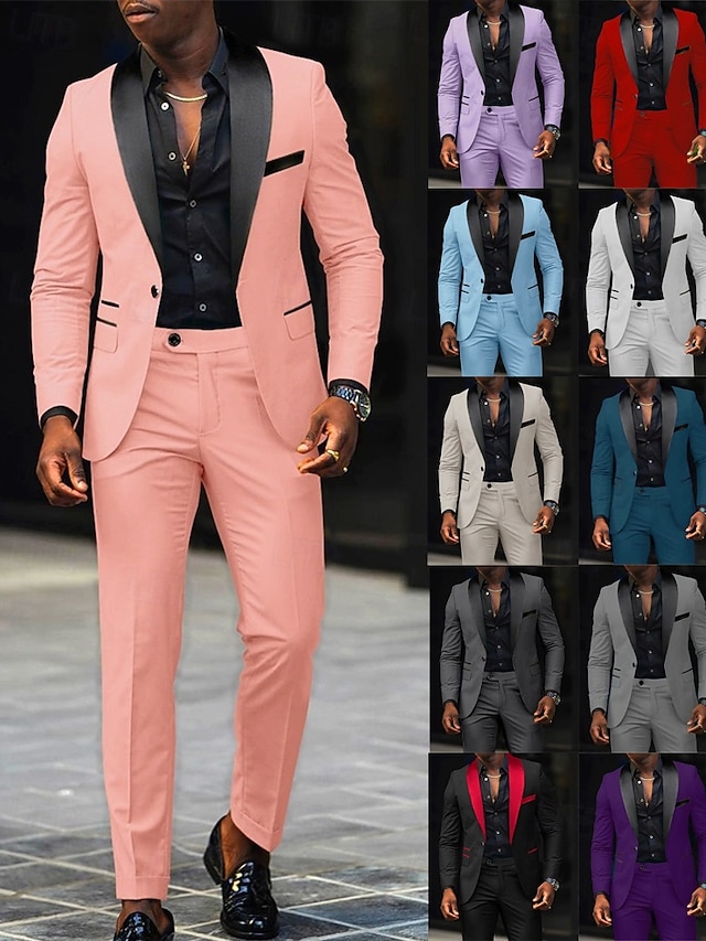  Męskie Marynarka + spodnie wizytowe Marynarka Garnitury Biznes Spotkanie towarzyskie Wesele 2 elementy Moda Codzienny Wiosna Jesień Poliester Kolorowy blok Kieszeń Guziki Wygodny Guziki jednorzędowe