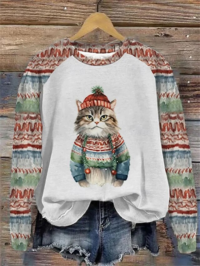 Yesgirl Sweatshirt Femme à Manches Longues Imprimé Chat - Col Rond Décontracté Et Confortable