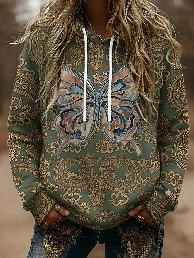 Women's Pullover Hoodies Paisley Butterfly Vintage Casual Long Sleeve Hooded Regular Tops Dailywear Casual Sports Drawstring Pocket Print Green Spring Fall4