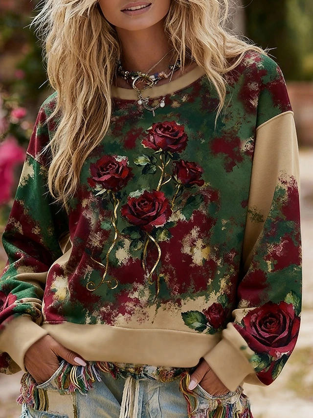 Women's Pullover Sweatshirts Rose Vintage Casual Long Sleeve Crew Neck Regular Tops Dailywear Casual Print Green Spring Fall4