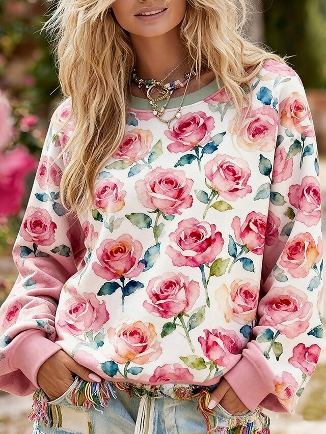 Women's Pullover Sweatshirts Floral Fashion Streetwear Casual Long Sleeve Round Neck Regular Tops Dailywear Casual Print Pink Spring Fall4