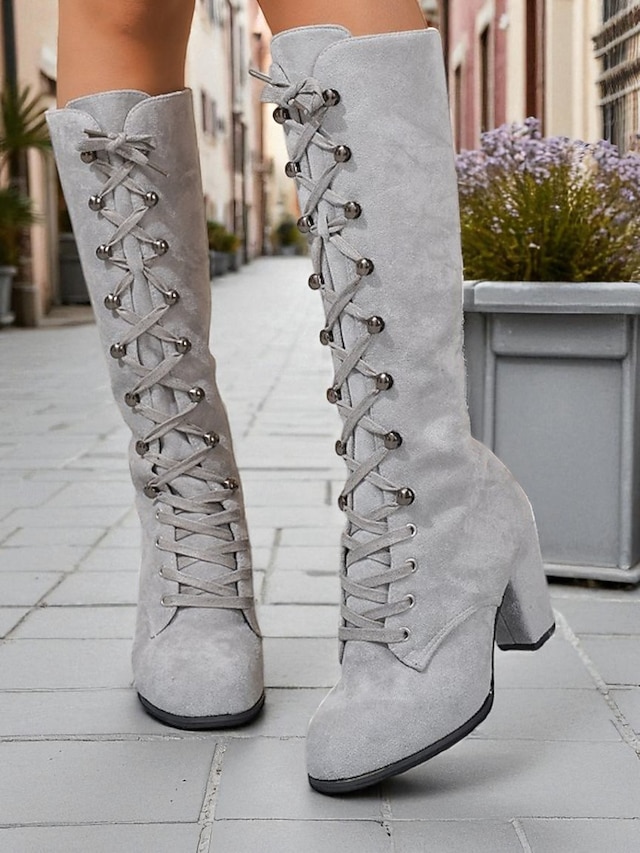  Botas femininas de camurça cinza com cadarço até o joelho, botas altas de salto grosso estilo vitoriano retrô para moda de inverno, cosplay e streetwear