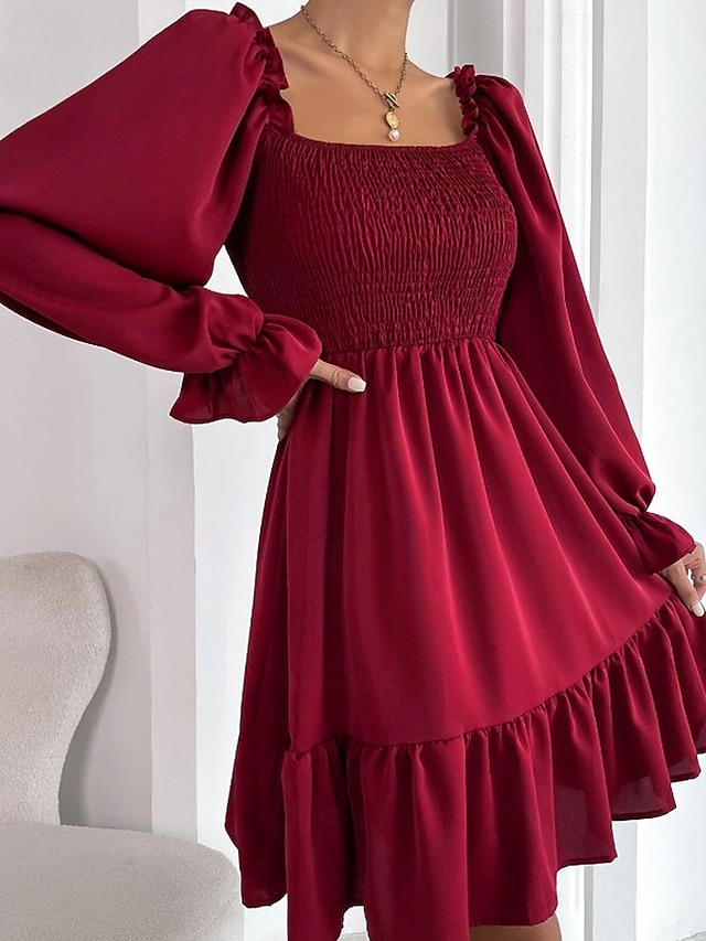 Damen Minikleid Schößchen Kleider Gerafftes Kleid Modern Outdoor Ferien Ausgehen Normale Passform Einfach Langarm Quadrathals Schwarz Wein Armeegrün Leicht Braun Frühling Herbst