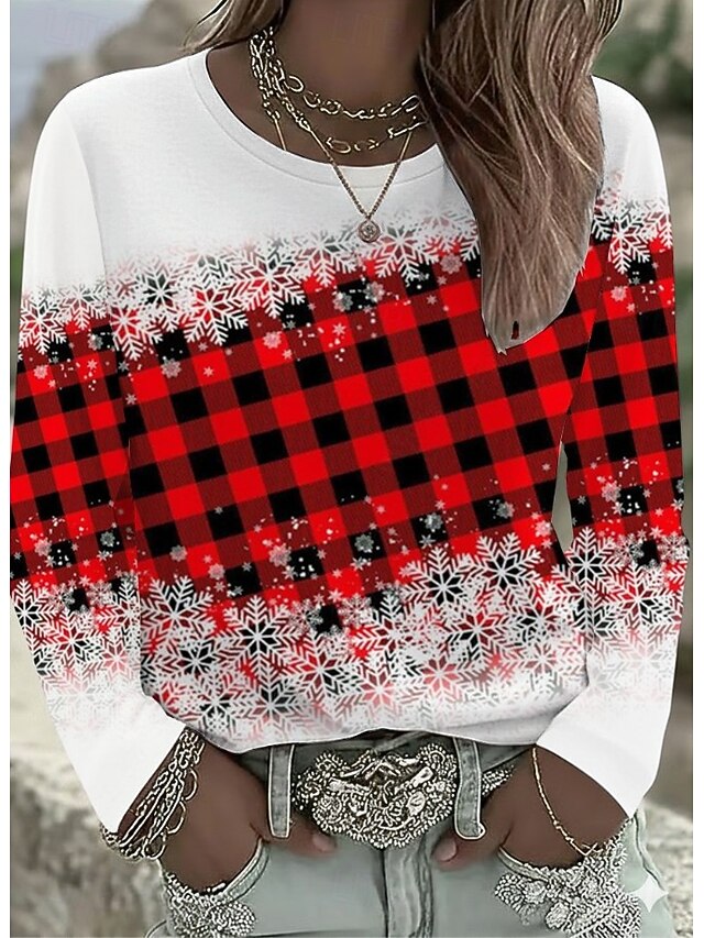 Christmas Women's T Shirt Graphic Geometric Snowflake Vintage Fashion Stylish Long Sleeve Crew Neck Regular Tops Daily Weekend Print Red Fall Winter2