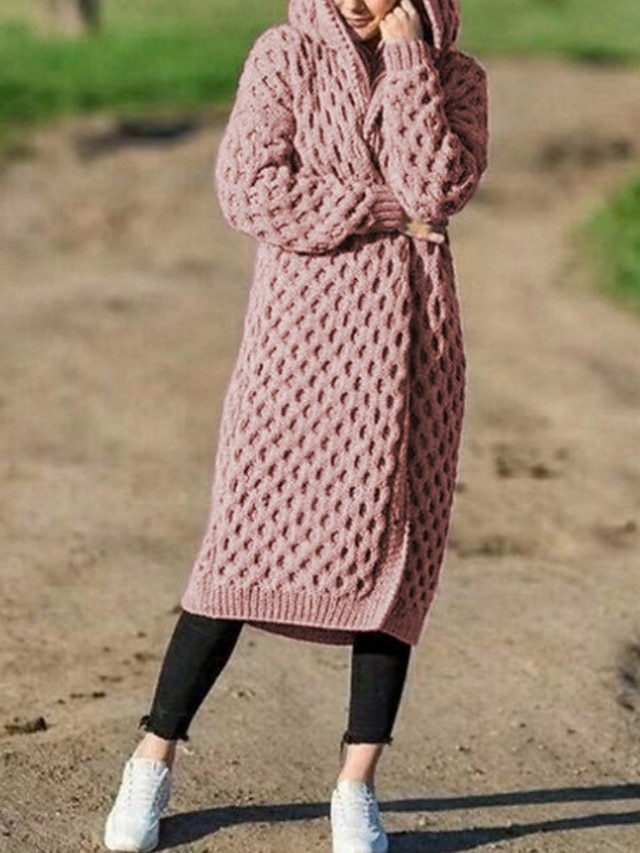 Dam Tröja Ledigt Mjukt Ren färg Ribbad Huva Stickat Långärmad Långa toppar Sticka Utomhus Dagligen Helgen Vit Gul Höst Vinter