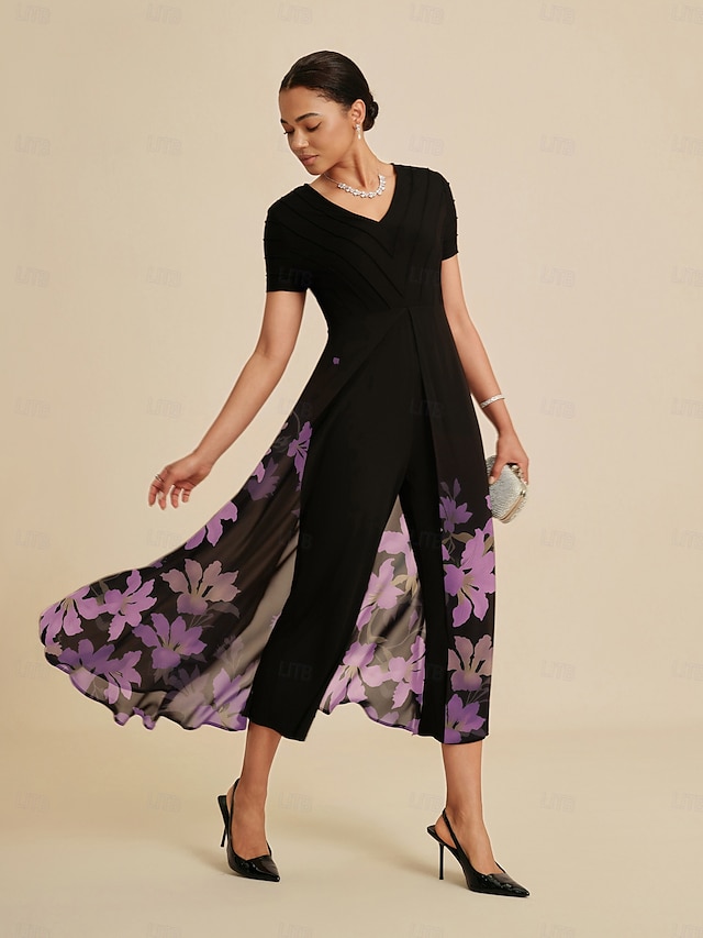  Женский комбинезон из черного тенселя, шифона, вставки из искусственного струящегося материала, с цветочным принтом и V-образным вырезом, для вечеринки, отпуска, весны и лета