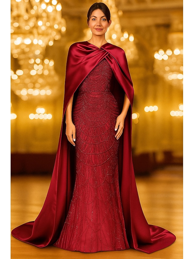  Schlauchkleid Bodenlang Ballkleid mit Cape Abendkleid Festliche Kleidung Elegant Vintage Glitzernd Ärmellos Rundhalsausschnitt Formell Hochzeit Champagnerfarbenes Brautmutterkleid Satin