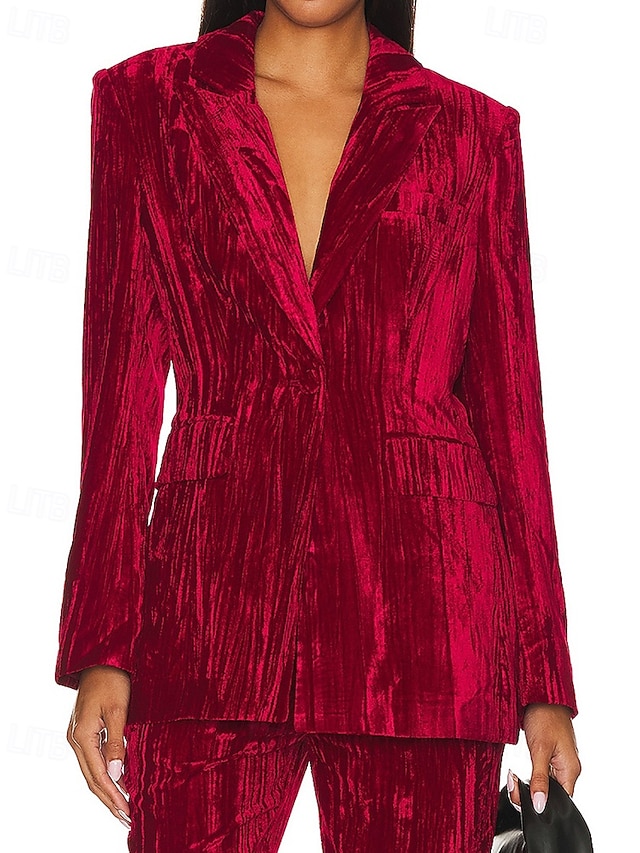 Dam Kavaj Sammetsblazers Håller värmen Bekväm Rynkad Ficka Knappar Elegant Retro Ensfärgat Formell Semester Gata Ledigt Normal Hakslag Normal Långärmad Ytterkläder Svart Vit Vin Höst Vinter