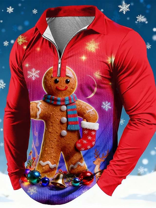  Crăciun Bărbați Om de turtă dulce Polo Manșon Lung Tricouri de polo Rever Casual Concediu Purtare Zilnică Ținuta de festival Imprimare 3D Polo cu fermoar sfert Primăvară Toamnă Iarnă Roșu-aprins Mov
