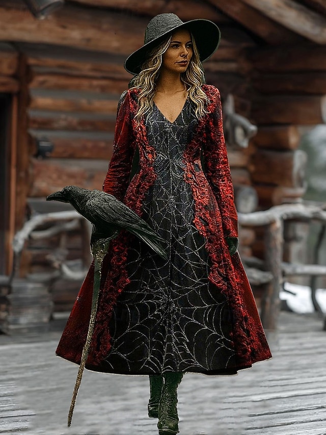  Vestido Maxi Feminino Vestido em A Férias Casual Boho Praia Ajuste Regular Floral Gráfico Manga Longa Decote em V Preto Vermelho Escuro Vinho Vermelho Primavera Outono