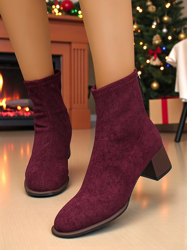 Женские замшевые ботильоны бордового цвета с блочным каблуком — зимняя обувь в стиле ретро для женщин, повседневных и полуофициальных образов.