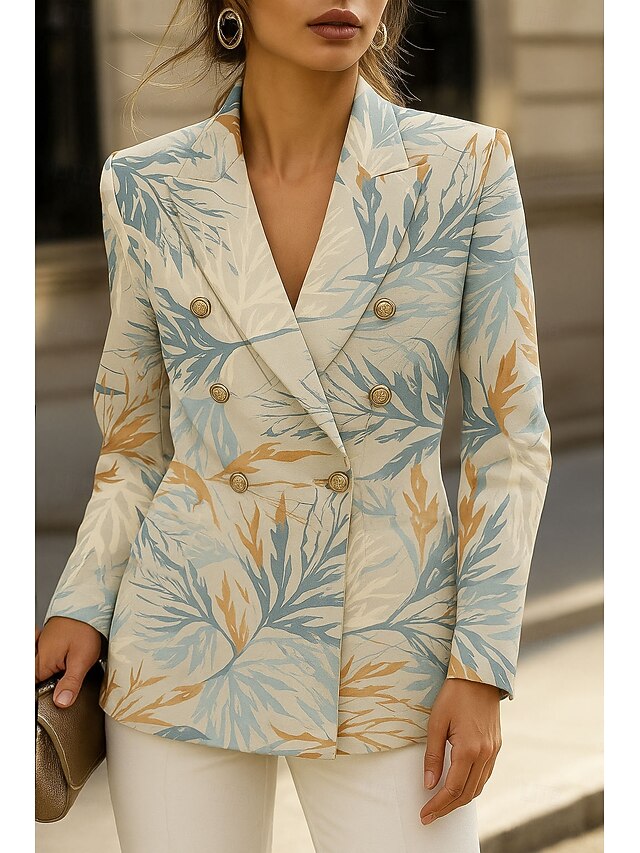 Women's Blazer Windproof Warm Buttons Formal Floral Casual Holiday Going out Casual Daily Regular Notch Lapel Regular Fit Long Sleeve Outerwear Pink Blue Beige Spring Fall4