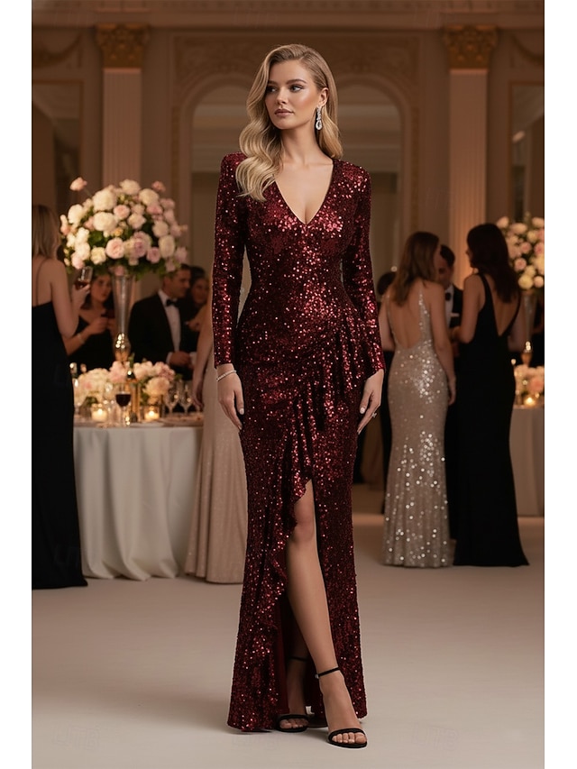  Mořská panna Pouzdrové Na zem Šaty Večerní šaty Plesové Formální šaty Elegantní Třpytivé Styl celebrit Dlouhý rukáv Do V Formální Svatební Flitry s Třpytky Flitry Volány