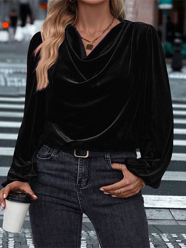 Femmes Velours Elegant Habillé Chemisier Couleur Unie Uni Élégant Dames Classique manche longue Col Halter Hauts Réguliers Travail Quotidien Fête Froncé Drapé Noir Vin Bleu Roi Violet Vert Automne