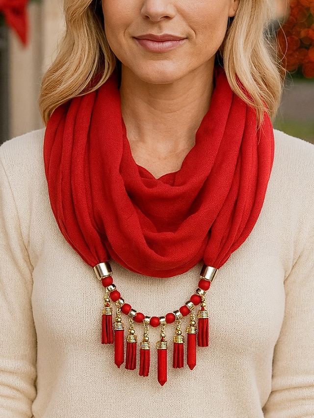  colar de cachecol macio feminino com borla e pingente de contas, acessório de natal multicolorido e elegante para roupas de inverno e festas de fim de ano