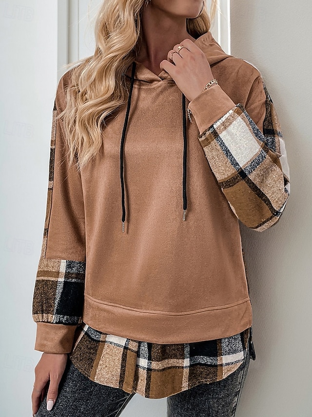  Women's Pullover Hoodie Sweatshirt Plaid Vintage Casual Long Sleeve Hooded Regular Tops Street Casual Sports Drawstring Patchwork Pink Army Green Dark Gray Beige Coffee Fall Winter