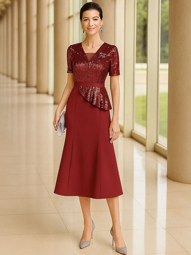  Meerjungfrauenschnitt Knöchellänge Partykleid Cocktailkleid Kurzarm V Ausschnitt Elegant Formell Baumwollmischung Polyester Brautmutterkleid mit Farbblock