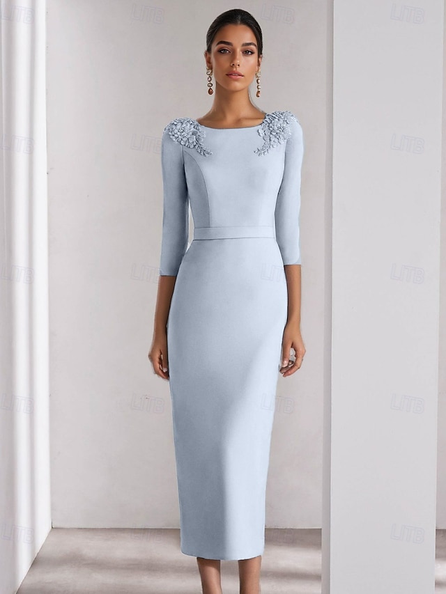 青 シース/コラム カクテルドレス エレガント ドレス フォーマル 結婚式 アンクルレングス 3/4レングススリーブ クルーネック ストレッチ クレープ スリット付き