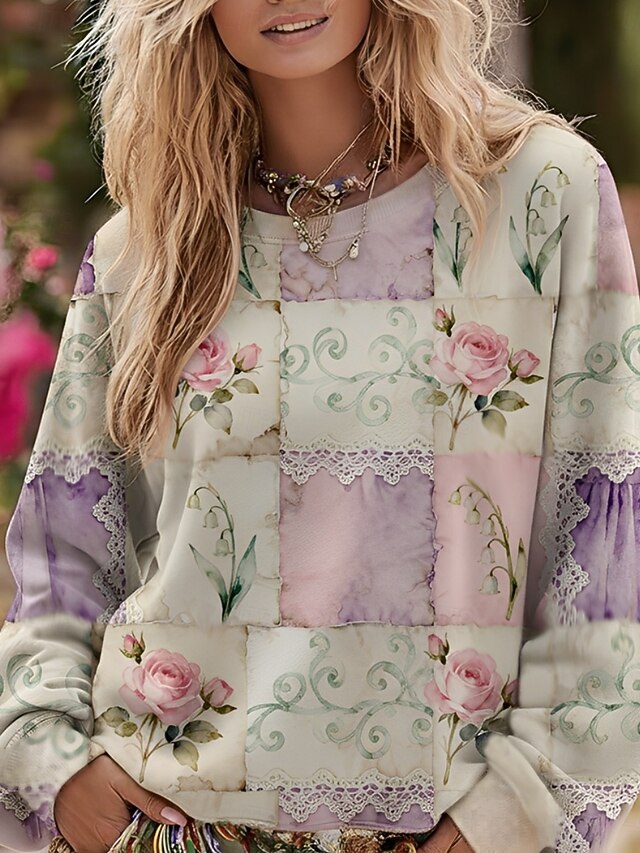 Women's Pullover Sweatshirts Floral Plaid Fashion Streetwear Classic Long Sleeve Crew Neck Round Neck Regular Tops Dailywear Casual Patchwork Print Purple Spring Fall4