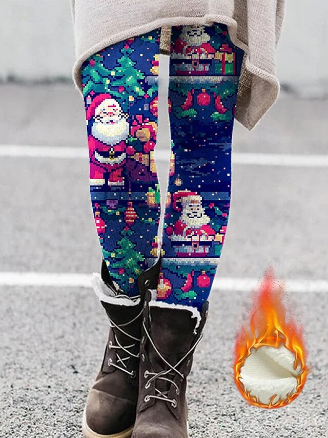 Women's Leggings Cozy Leggings Fashion Streetwear Basic Full Length High Waist Pants Christmas Graphic Santa Claus Printing Fleece Thermal Warm Comfy Stretchy Outdoor Casual Daily Deep Blue Fall4