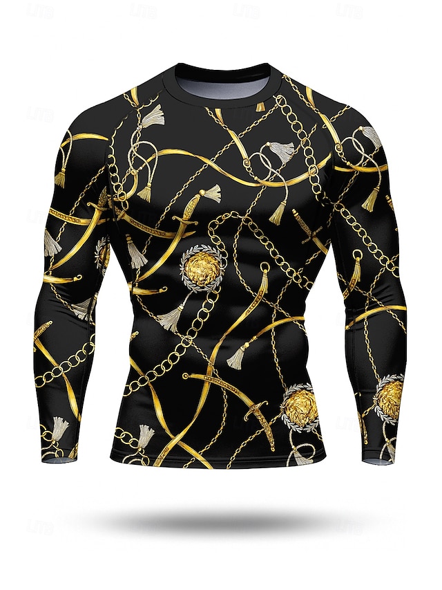  Men's Compression Shirt Running Shirt 3D Print Long Sleeve Base Layer Striped Quick Dry Compression Power Flex Moisture Wicking Gym Workout Active Training Exercise Sportswear Activewear Gold